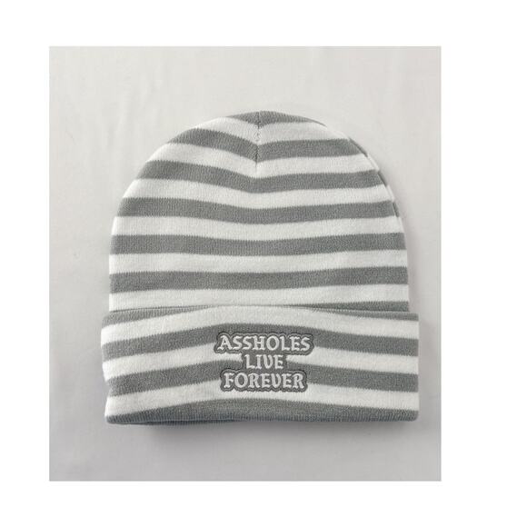 Assholes Live Forever Other - Assholes Live Forever Striped Patch Beanie Hat One Size Grey White New Skully
